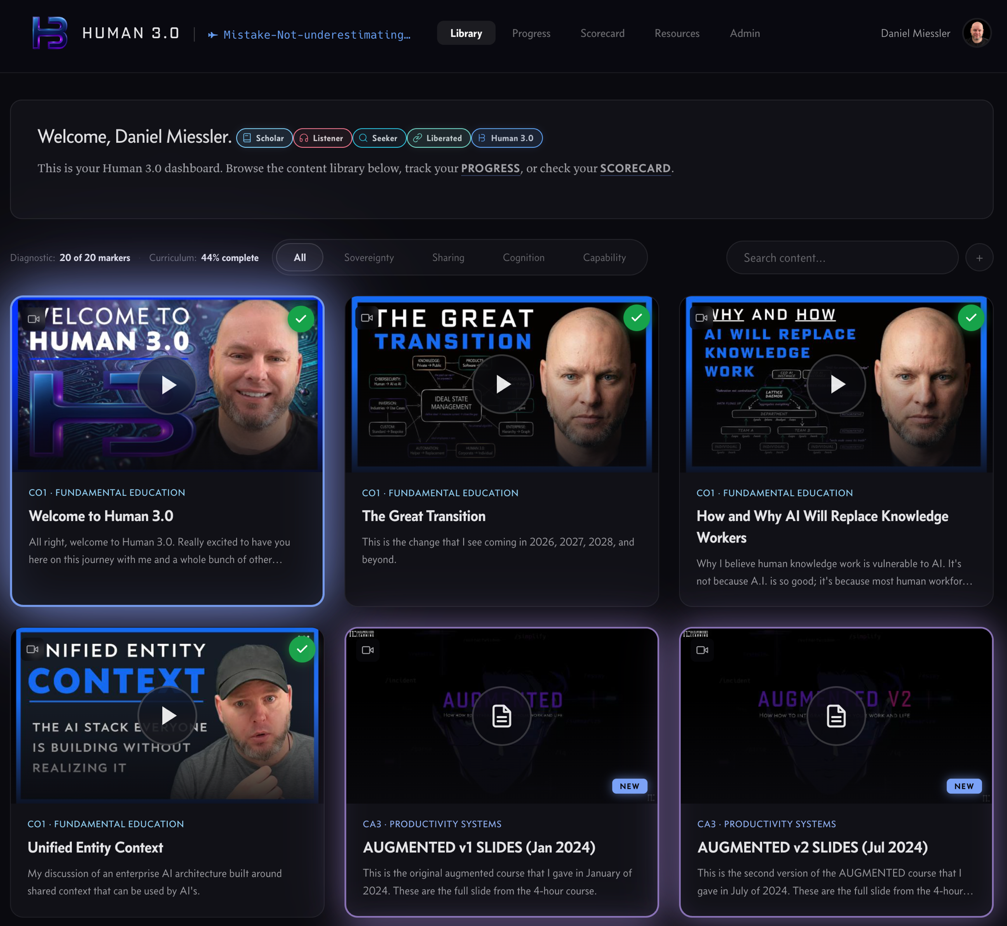 Human 3.0 content library with video lessons and progress tracking